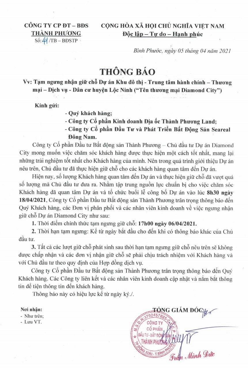 Bình Phước: Vừa phê duyệt điều chỉnh quy hoạch, BĐS Thành Phương đã thu tiền khách hàng?