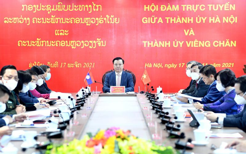 Hội đàm trực tuyến giữa Bí thư Thành ủy Hà Nội và Bí thư Thành ủy Viêng Chăn